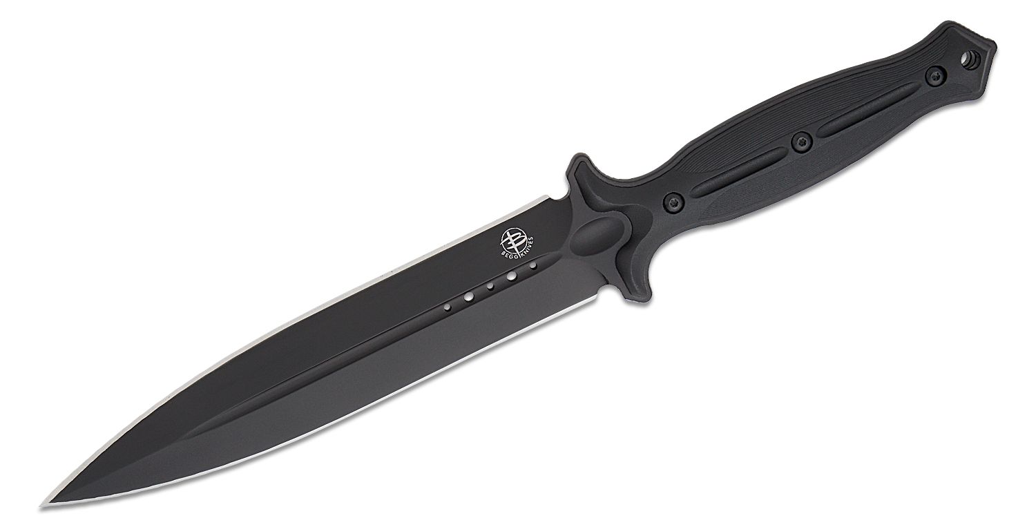Begg Knives BG027 Steelcraft Series Filoso Dagger Fixed Blade Knife 8 1095  Black PVD Double Edge Dagger Blade, Milled Black Injection Molded Handles,  Boltaron Sheath - KnifeCenter