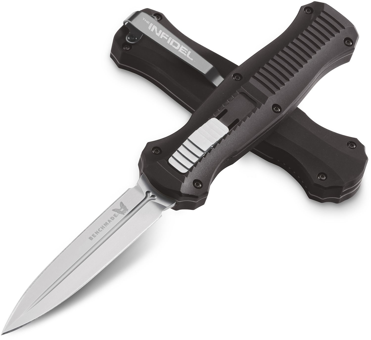 Benchmade Infidel Dagger AUTO OTF Knife 3.95&quot; D2 Satin Double Edge Blade,  Black Aluminum Handles - KnifeCenter - 3300
