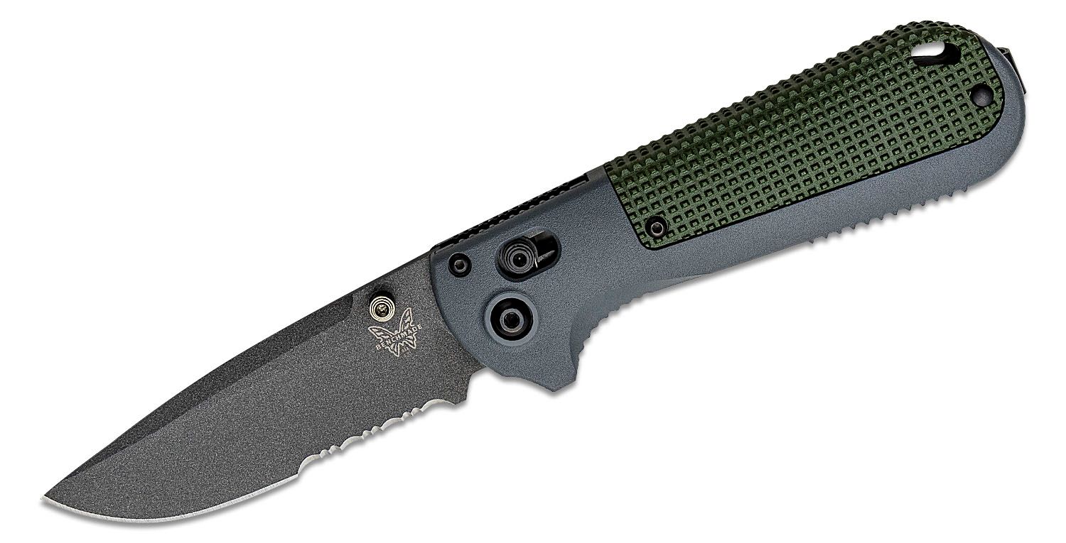 Benchmade Redoubt AXIS Part Serrate 430SBK @ SRKT Cobalt Black/Gray  Cerakote Coated CPM D2 Partially Serrated Drop Point Combo Blade Gray and  Green Grivory Handle Scales Manual Dual Thumb Stud Folding Pocket