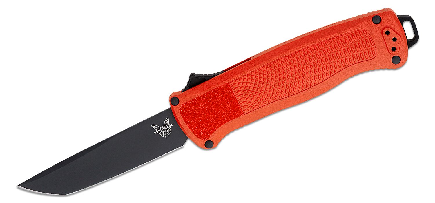 Benchmade 5370BK-04 Limited Shootout OTF AUTO Knife 3.51 CPM-CruWear Black  DLC Tanto Blade, Mesa Red Grivory Handles - KnifeCenter