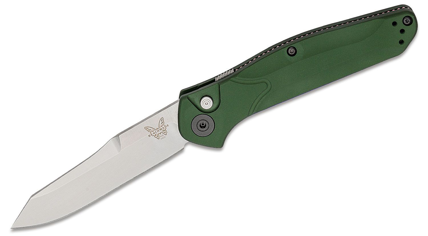 Benchmade 9400 Osborne AUTO Folding Knife 3.4&quot; S30V Satin Plain Blade,  Green Aluminum Handles - KnifeCenter