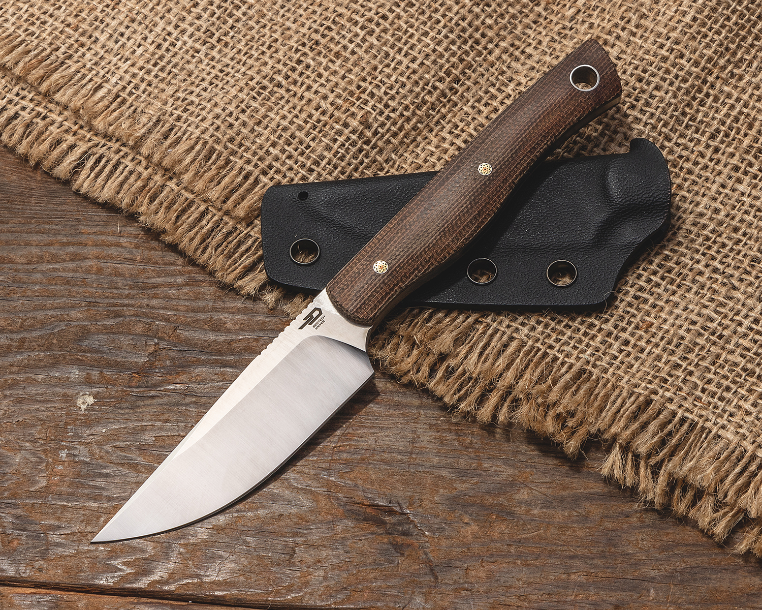 Bestech Knives Heidi Blacksmith #1 Fixed Blade Knife 3.15" D2 Satin Blade,  Brown Micarta Handles, Kydex Sheath - KnifeCenter - BFK01E - Discontinued