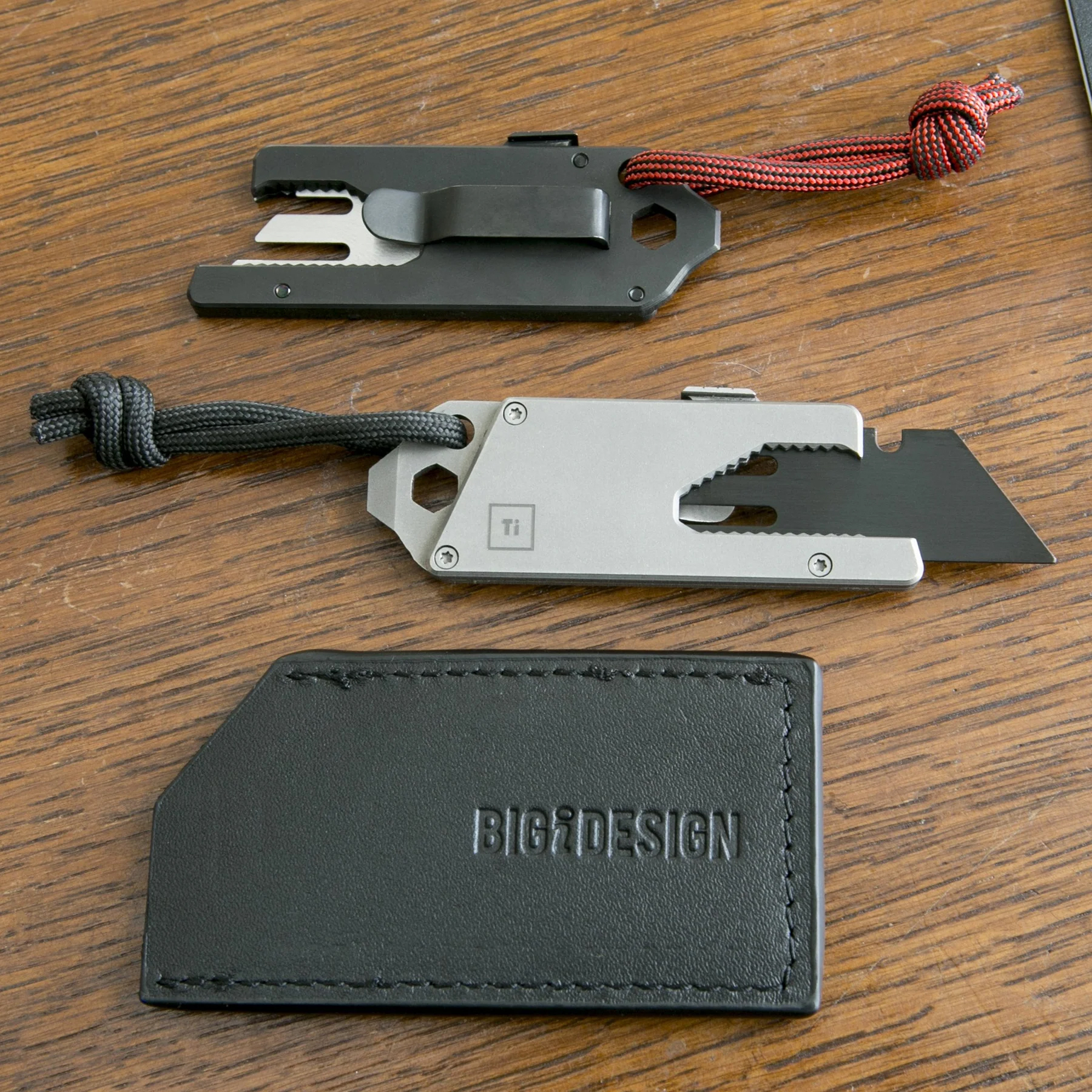 BIGiDESIGN TPT Slide Titanium Pocket Tool, 3" Overall, Stonewashed Titanium, Black Leather