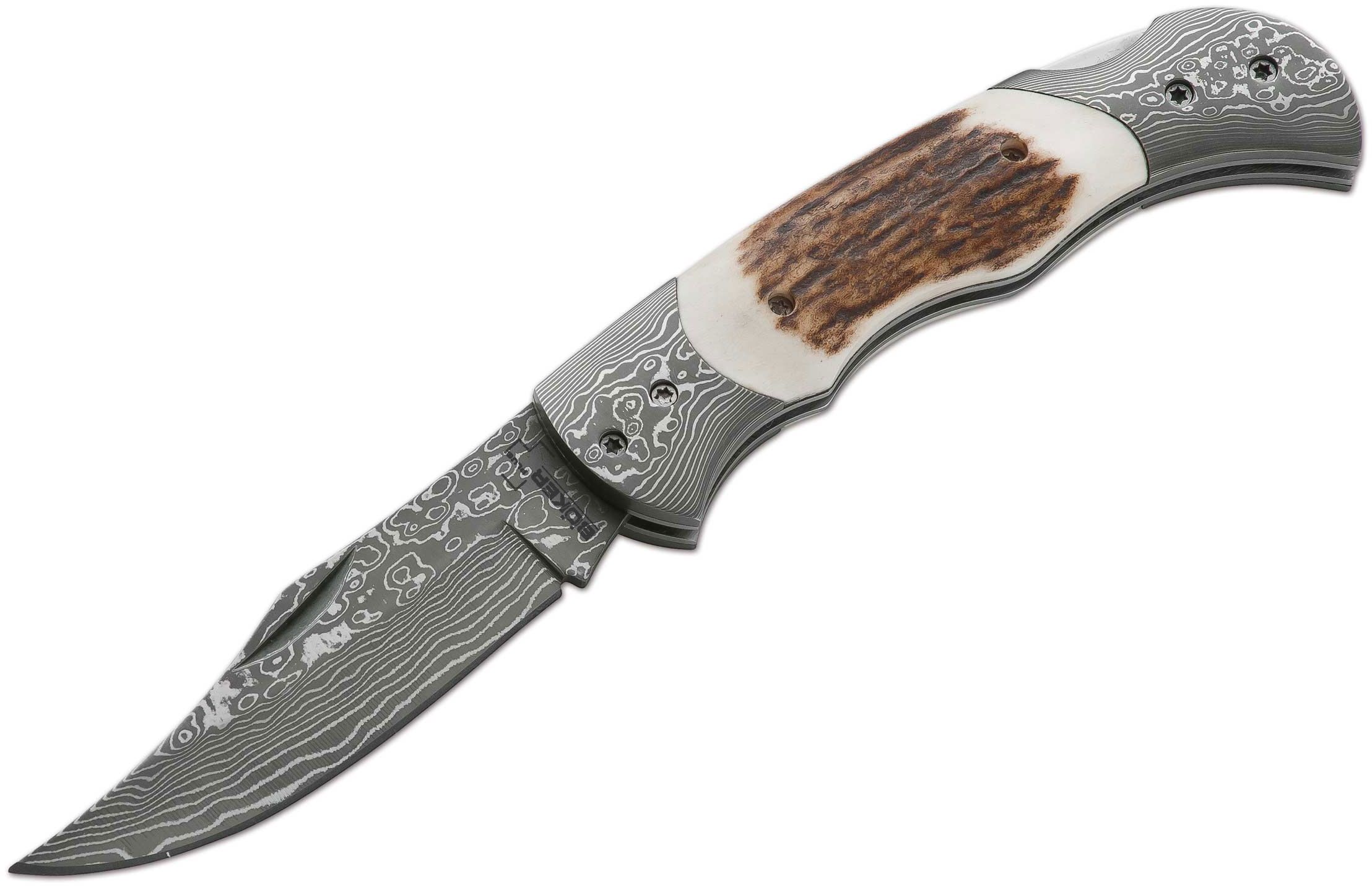 Boker Plus Damascus Traditional Folder 3-1/8 Blade, Stag and Damascus  Handles (01BO028DAM) - KnifeCenter - Discontinued