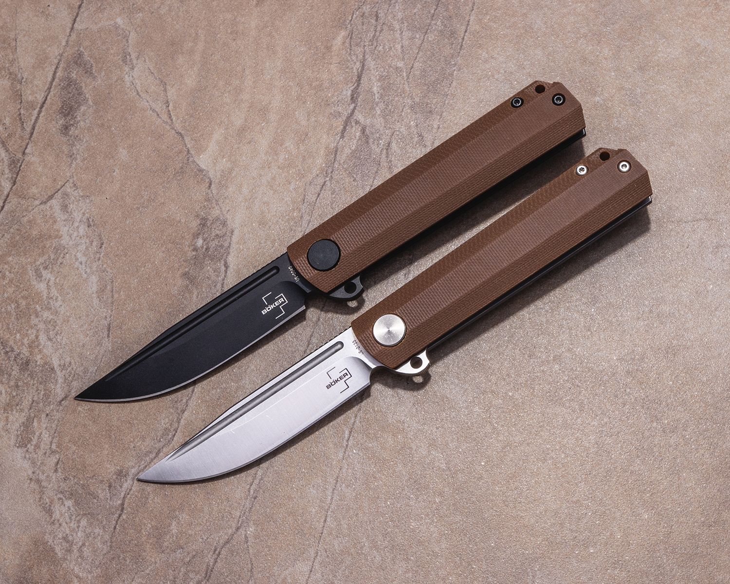 Boker Plus Cataclyst Flipper Knife 2.99 440C Black Clip Point Blade, Brown  G10 and Black Stainless Steel Handles - KnifeCenter Exclusive - KnifeCenter  - 01BO647SOI