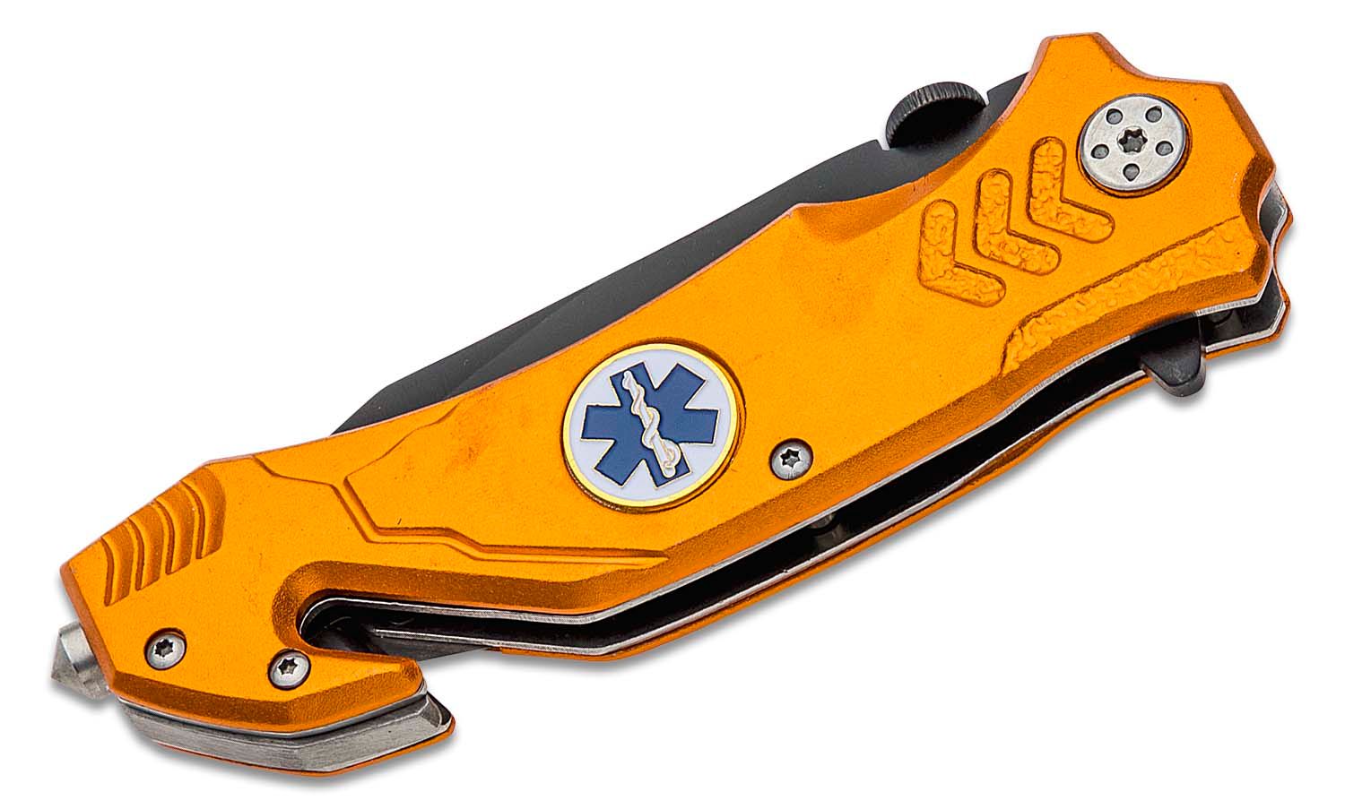 Boker Magnum EMS Rescue Flipper 3-2/5 Combo Blade, Orange Aluminum Handles  - KnifeCenter - 01LL472