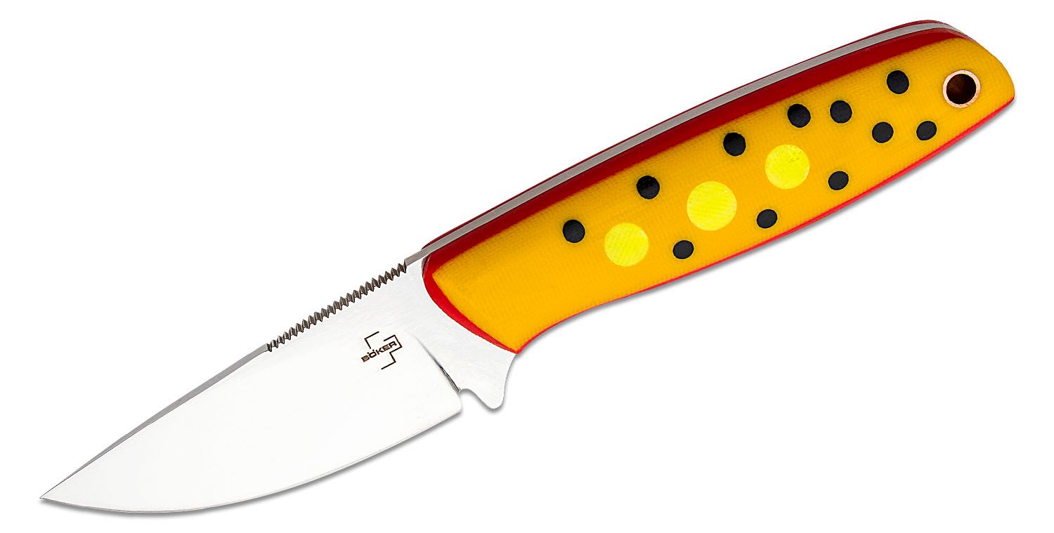 Boker Plus The Brook Fixed Blade Knife 2.83 VG-10 Polished Drop Point,  Yellow/Red G10 Handles with Trout Patterning, Kydex Sheath - KnifeCenter -  02BO068