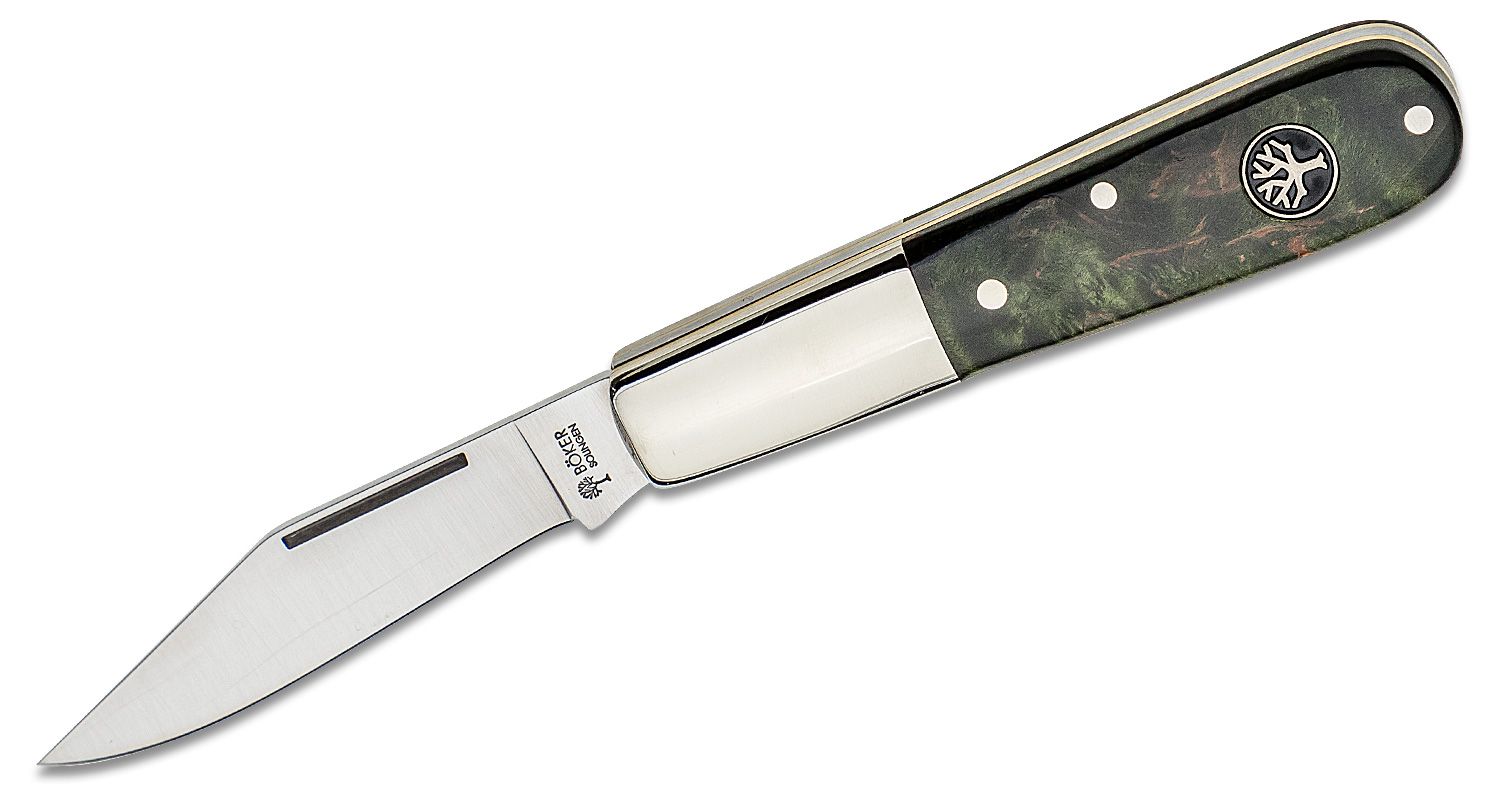 Boker Barlow Pocket Knife 2.625 Satin Clip Point Blade, Green Curly Birch  Handles with Nickel Silver Bolsters - KnifeCenter - 118941 - Discontinued