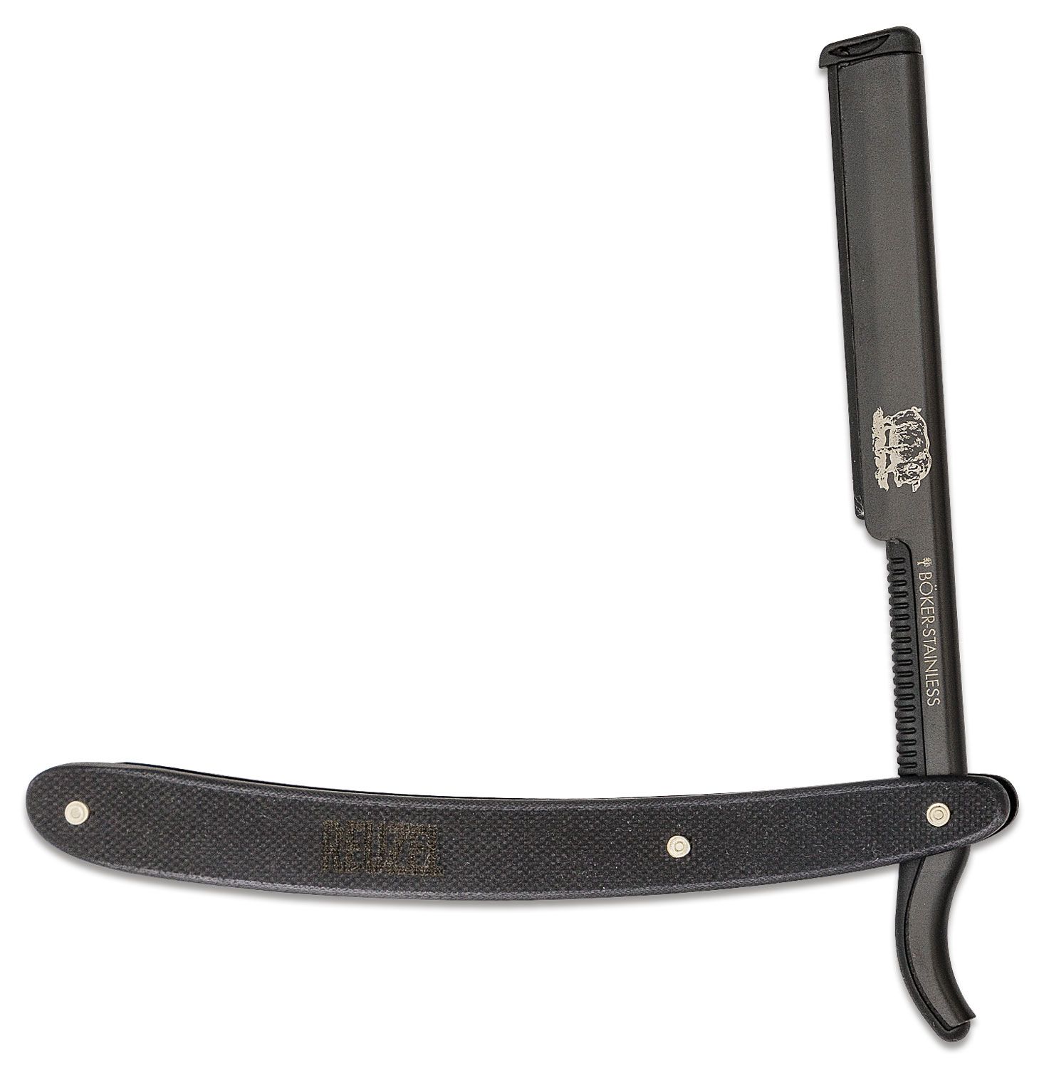 Boker Reuzel Barberette Black Replaceable Blade 5/8 Straight Razor, Black  G10 Handles - KnifeCenter - 140904 - Discontinued