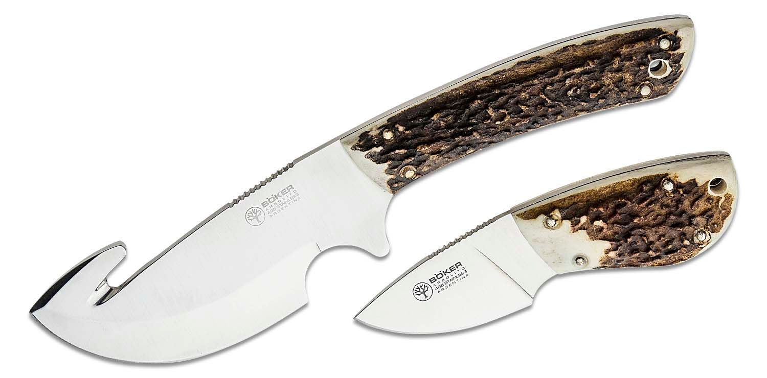 Boker Arbolito Hunter's Combo Caper and Gut Hook Knives, Stag Handles -  KnifeCenter - 02BA5130H