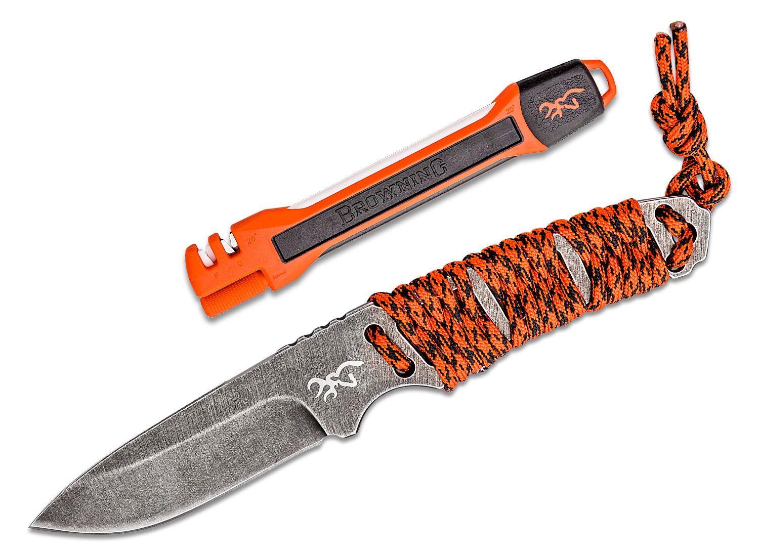 Browning Last Light Combo Set 3.5" Black Stonewashed Drop Point, Orange Paracord Wrapped Handles, Nylon with Sharpener and Ferro Rod - KnifeCenter - 3220364