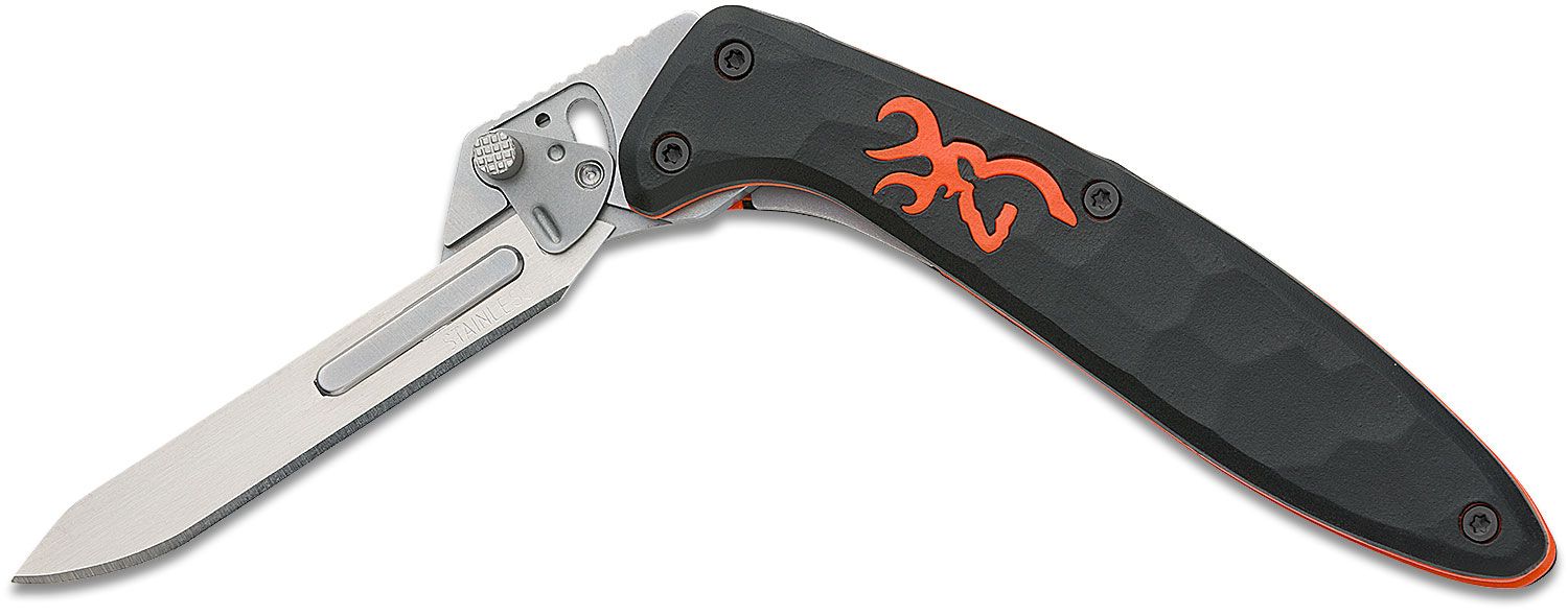 Browning Primal Scalpel Folding Knife 2.75 Satin Replaceable Skinner  Blade, Rubber Overmolded Polymer Handles, 10 Replacement Blades -  KnifeCenter - 3220431B
