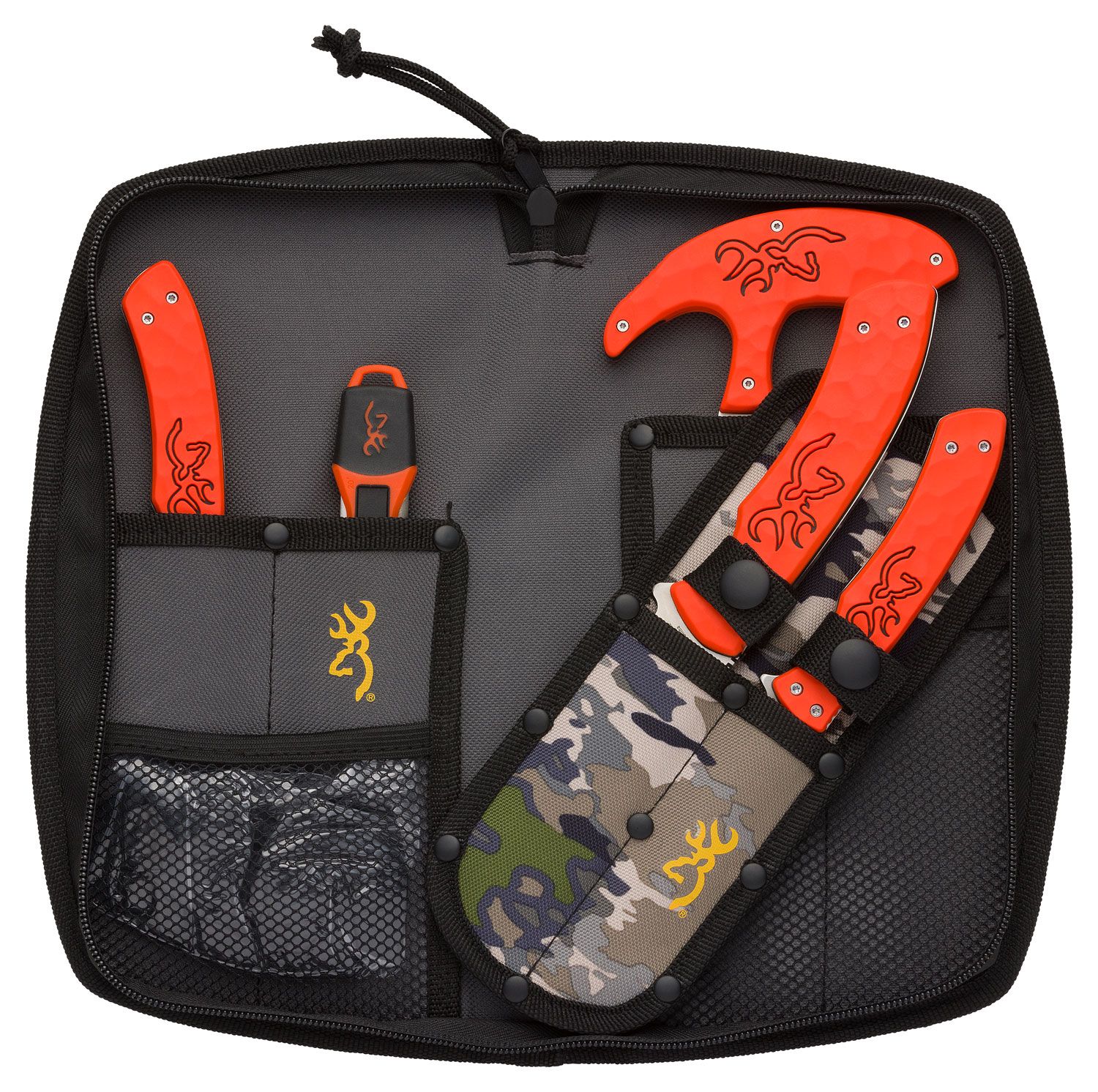 Browning Primal 6 Piece Knife and Saw Set, Orange Rubber Overmold Handles,  OVIX Camo Nylon Case - KnifeCenter - 3220482