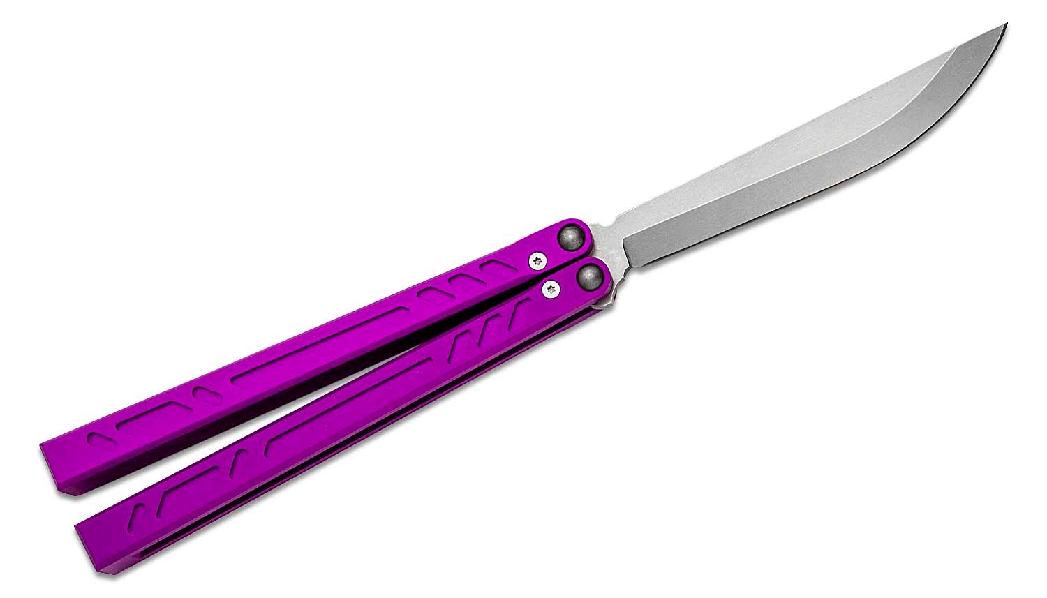 BRS Bladerunners Systems Barebones Premium Balisong Butterfly Knife 4.5  154CM Stonewashed Bayonet Blade, Purple Channel Milled Aluminum Handles -  Bushing Pivot - KnifeCenter