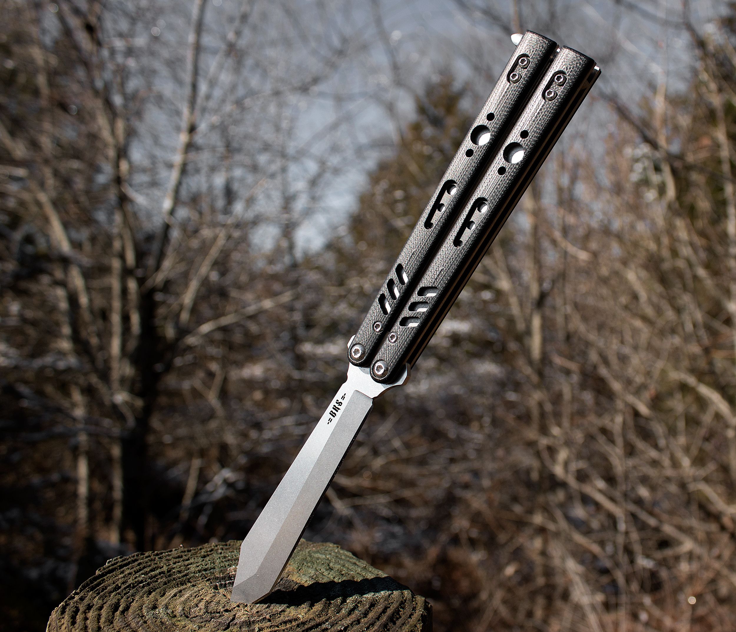 BRS Bladerunners Systems Standard Replicant Balisong Butterfly 4.55 154CM  Clip Point Tanto Blade, Black G10 Handles - KnifeCenter - Discontinued