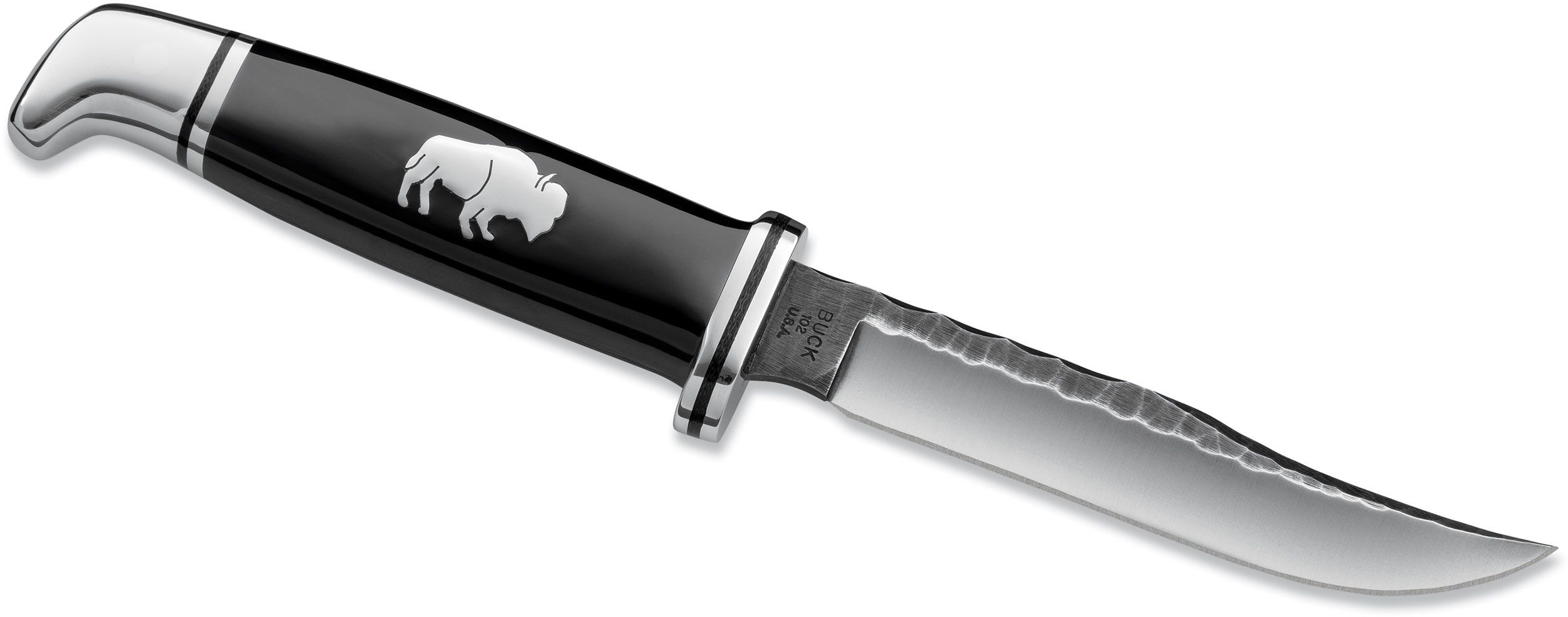Buck 102 Chip Flint and Buffalo Woodsman Fixed 4 Blade (0102BKS) -  KnifeCenter - 7822 - Discontinued