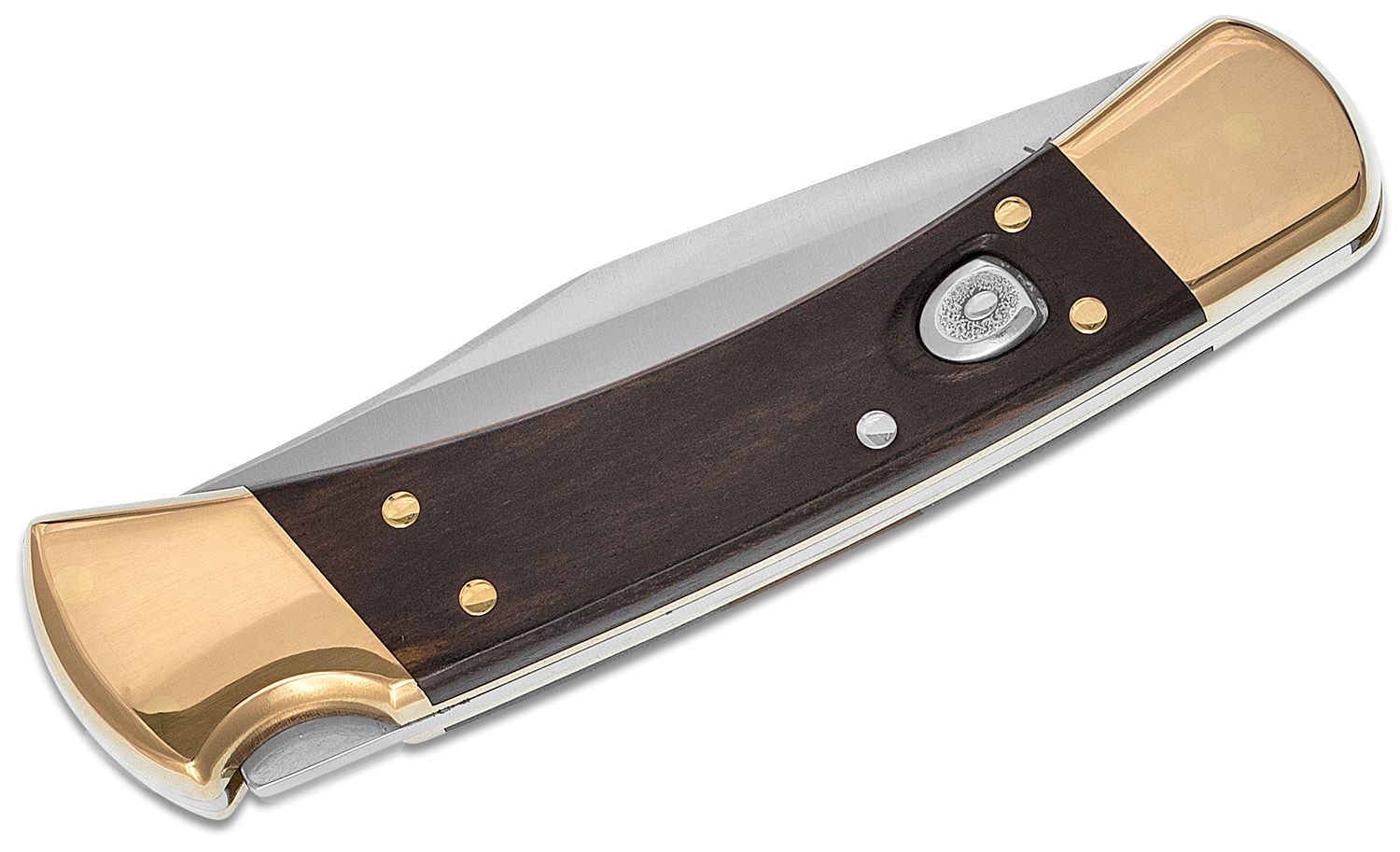 Buck 110 AUTO Folding Hunter 3.75&quot; Plain Blade, Ebony Wood Handles, Leather  Sheath - KnifeCenter - 11197