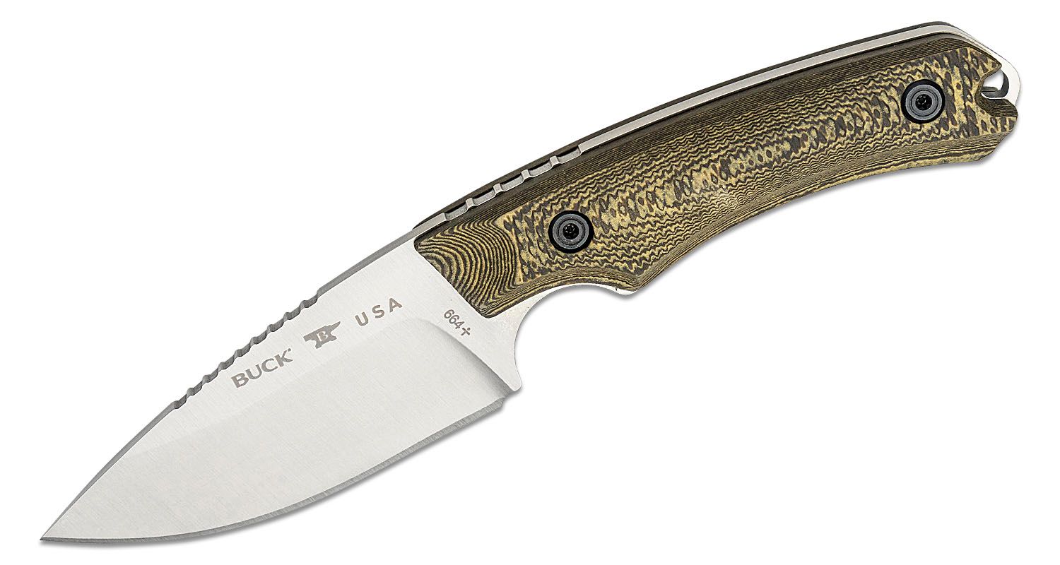 Buck 664 Alpha Hunter Fixed Blade Knife 3.625 S35VN Satin Drop Point,  Layered Gorge Patterned Richlite Handles, Leather Sheath - KnifeCenter -  13465