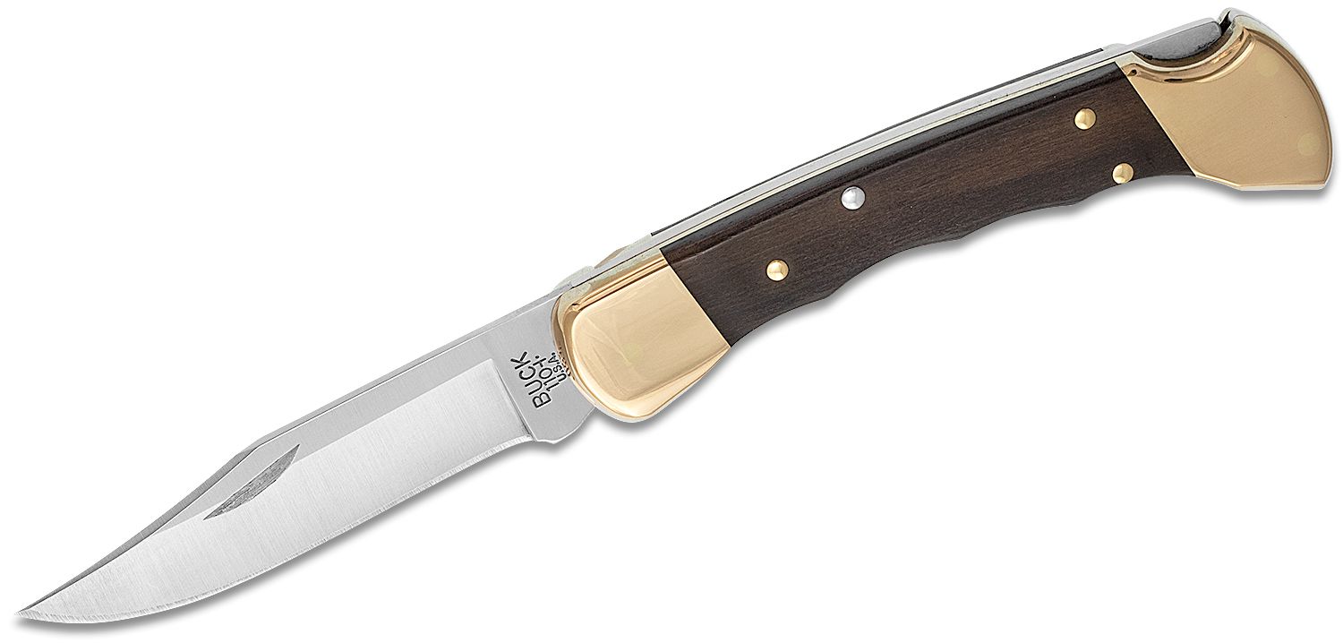Buck 110 Folding Hunter 3.75 Plain Blade, Finger Grooved, Ebony Wood  Handles, Leather Sheath - KnifeCenter - 2538