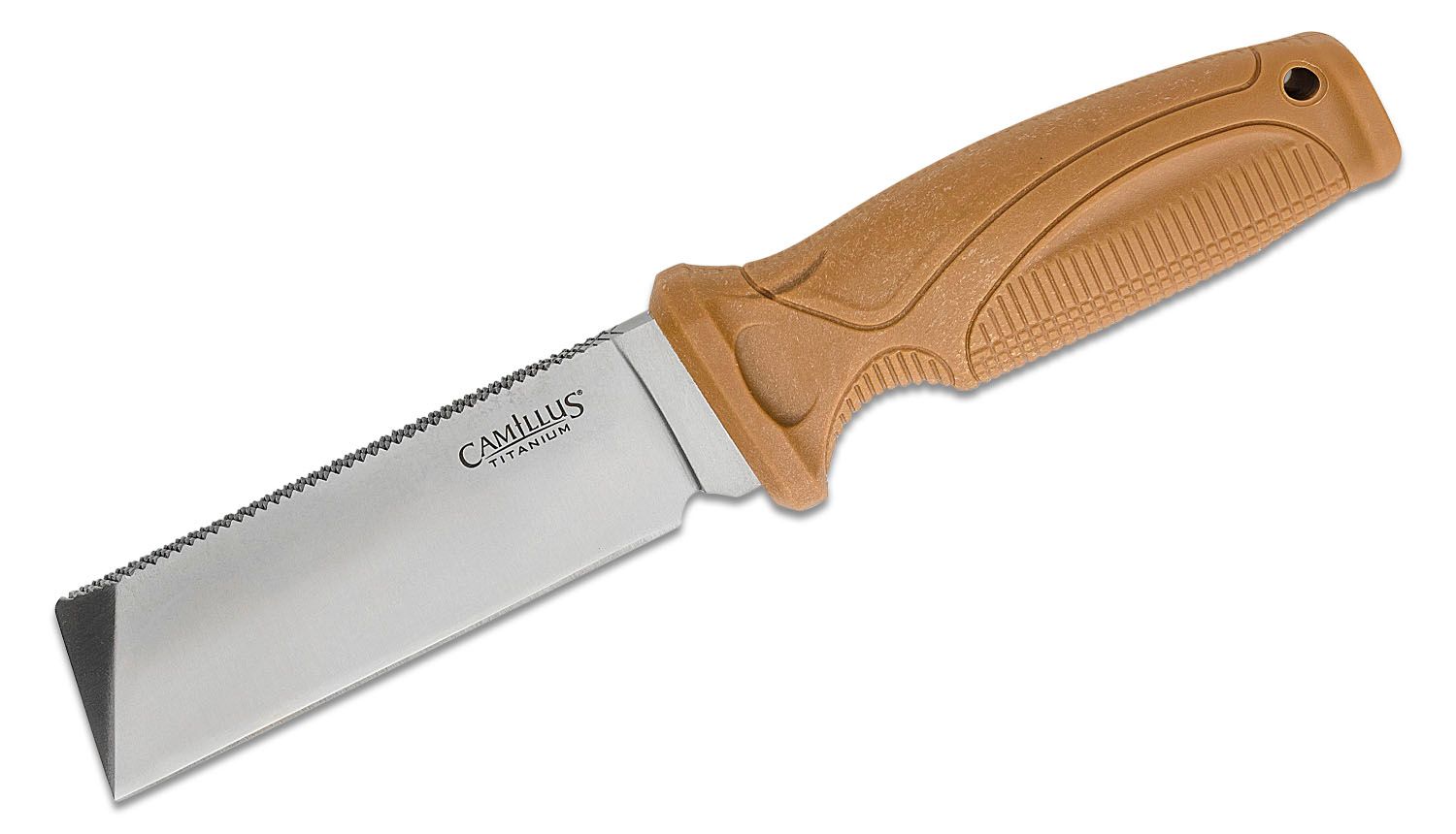 Camillus Swedge Fixed Blade Knife 4.5" Titanium Bonded Satin Sawback Chisel Tip Brown TPR Handle, Molded Sheath - KnifeCenter -