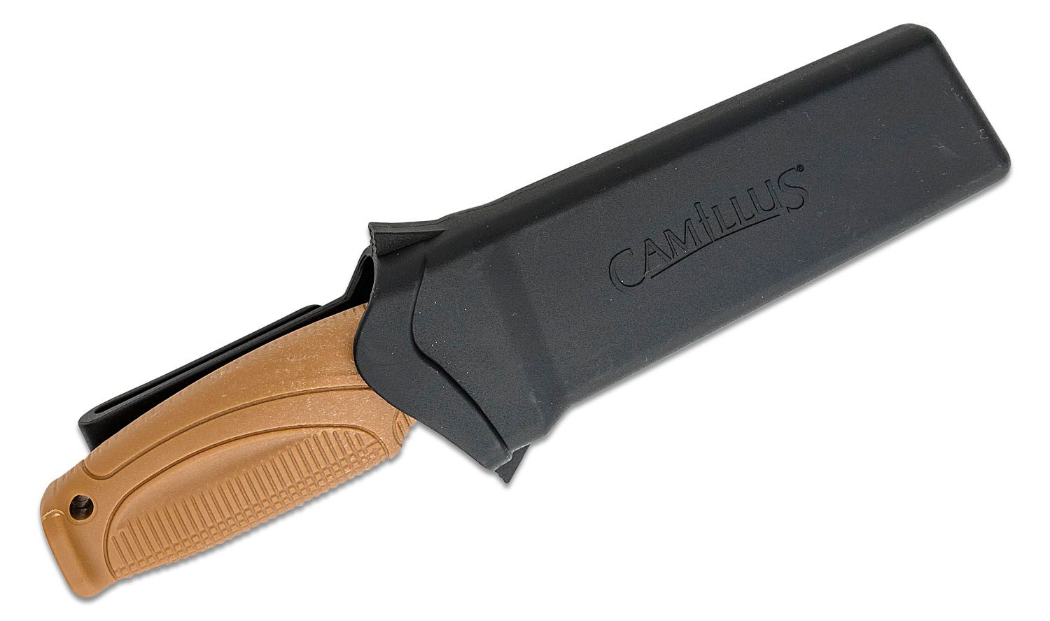 Camillus Swedge Fixed Blade Knife 4.5 Titanium Bonded Satin Sawback Chisel  Tip Blade, Brown TPR Handle, Molded Synthetic Sheath - KnifeCenter - 19627