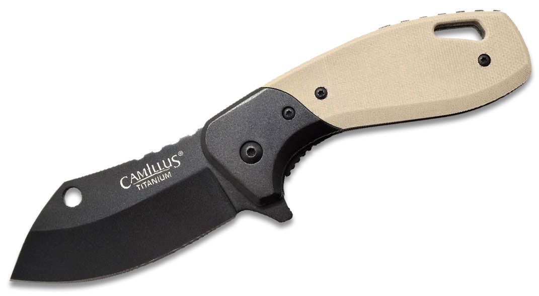 Camillus Chonk Flipper Knife 2.75 Black Modified Sheepsfoot Blade, Tan G10  Handles with Black Stainless Steel Bolsters - KnifeCenter - 19602