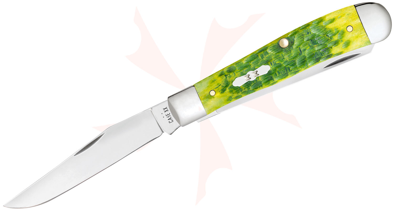Case Peach Seed Jig Green Apple Bone Trapper Pocket Knife 4.13