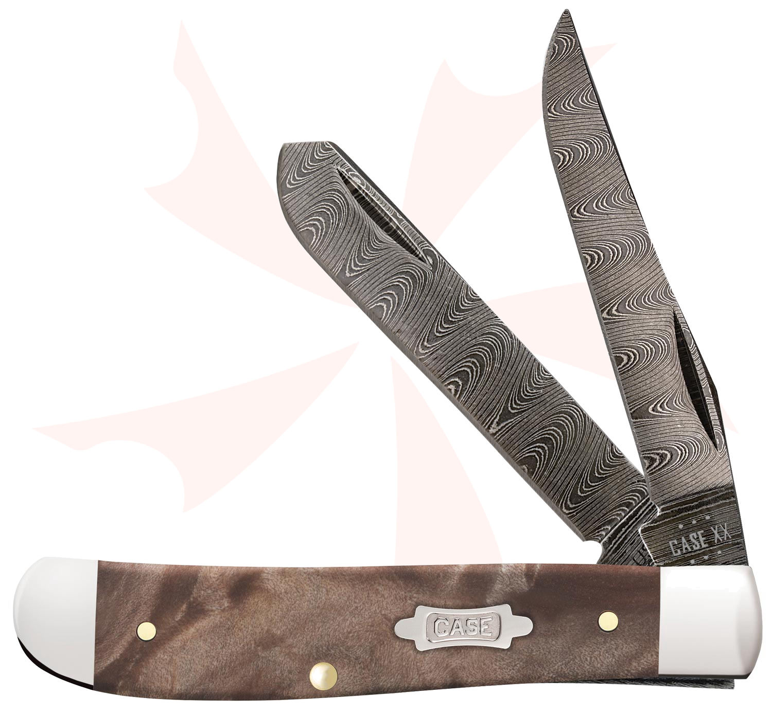 Case Natural Maple Burl Wood Damascus Mini Trapper Pocket Knife