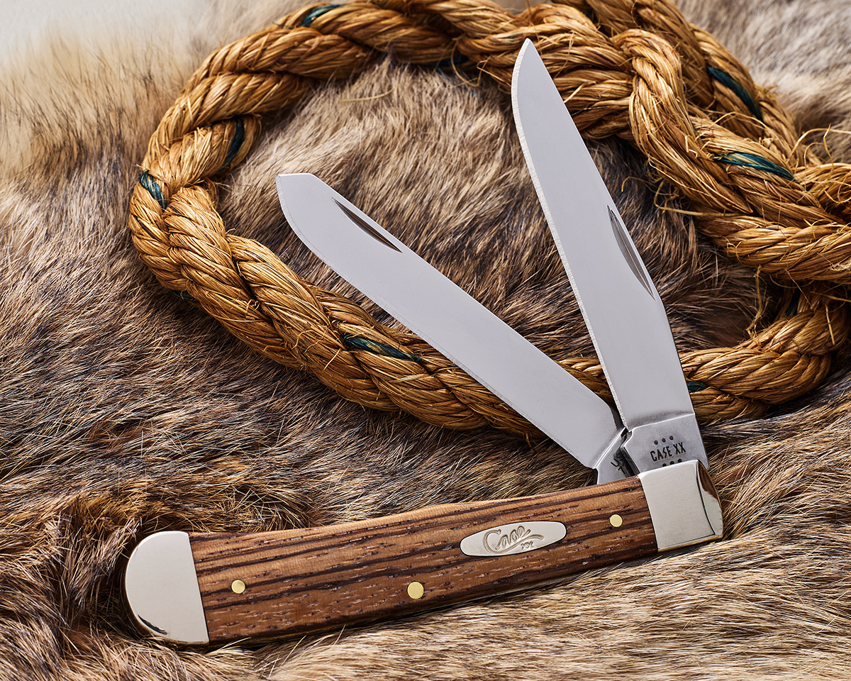 切手71 Case Smooth Natural Zebra Wood Trapper Pocket Knife 4.13