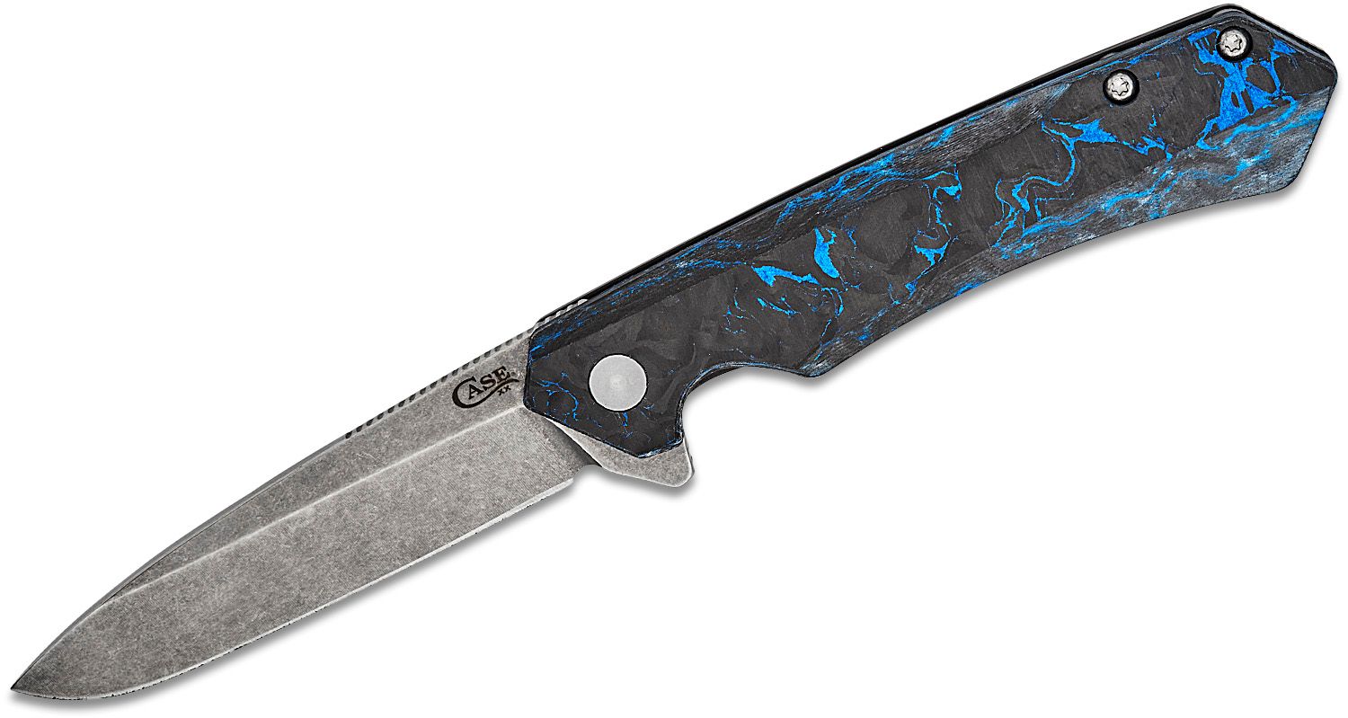 Case Kinzua Flipper Knife 3.4 CPM-S35VN Stonewashed Spear Point Blade,  Blue/Black Carbon Fiber Handles - KnifeCenter - 64803