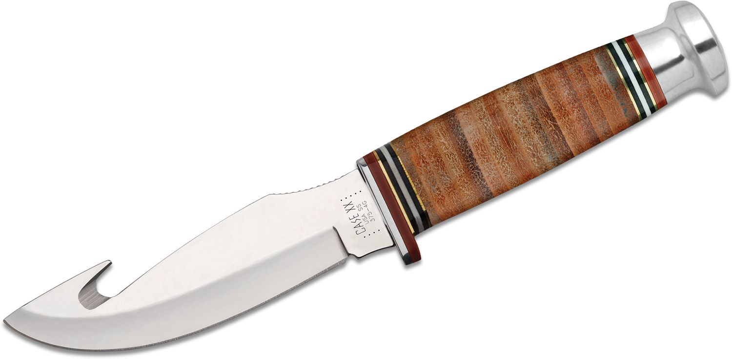 Case Leather Hunter Mushroom Cap Fixed 4.5 Drop Point Blade with Gut Hook,  Leather Handle, Leather Sheath (375-4G SS) - KnifeCenter - 10340 -  Discontinued