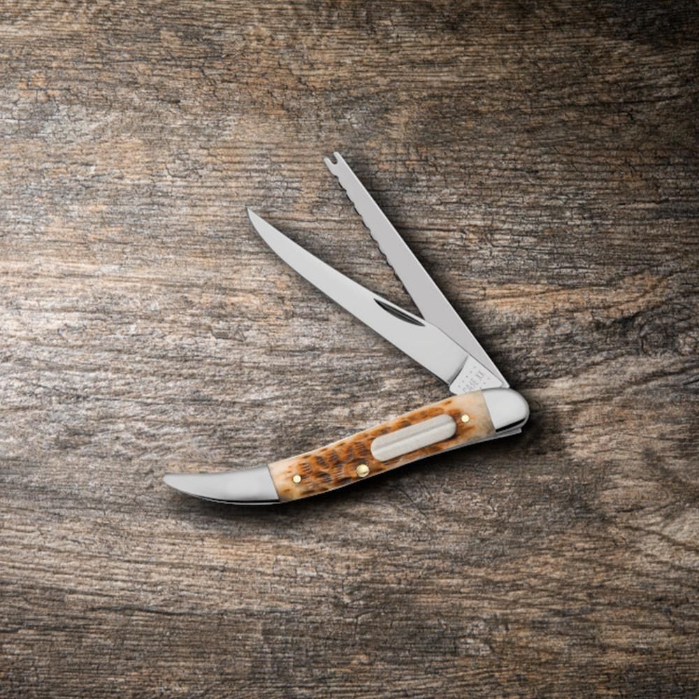 Case Peach Seed Jigged Amber Bone Fishing Knife 4.25 Closed