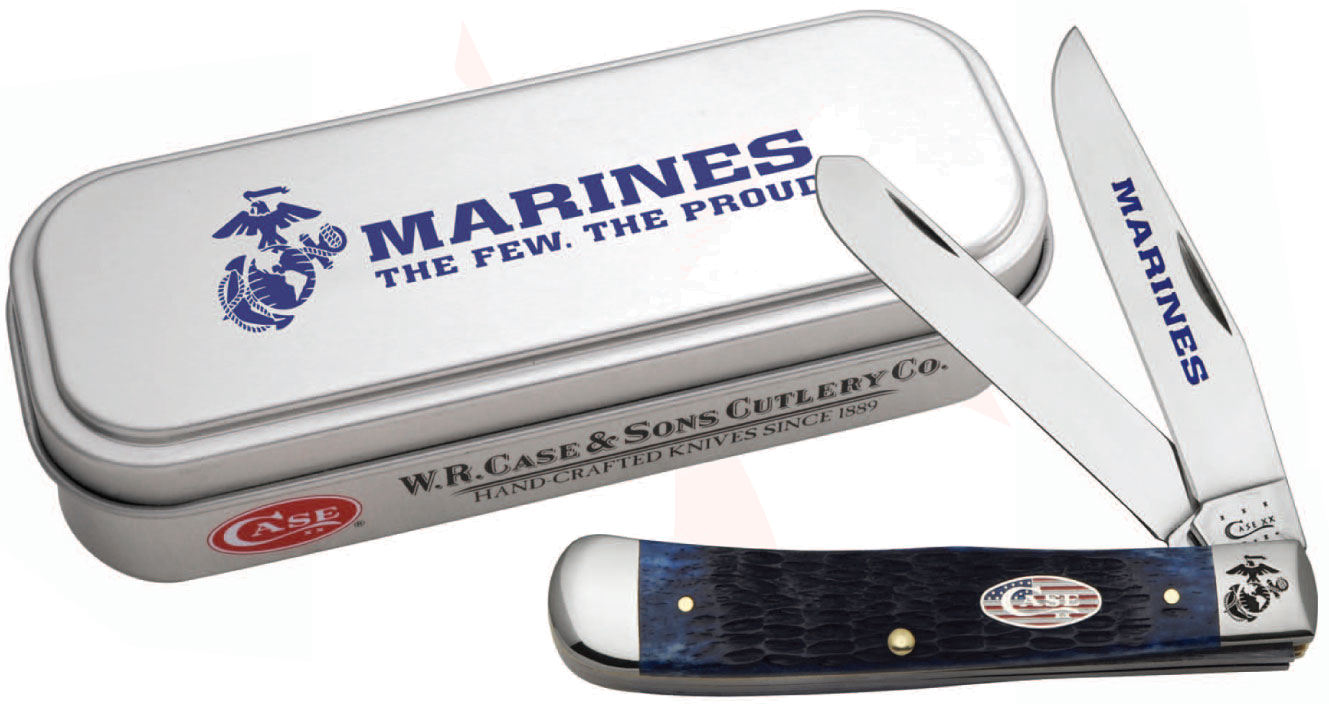 Case Marines Blue Bone Handle Trapper in Gift Tin 4-1/8