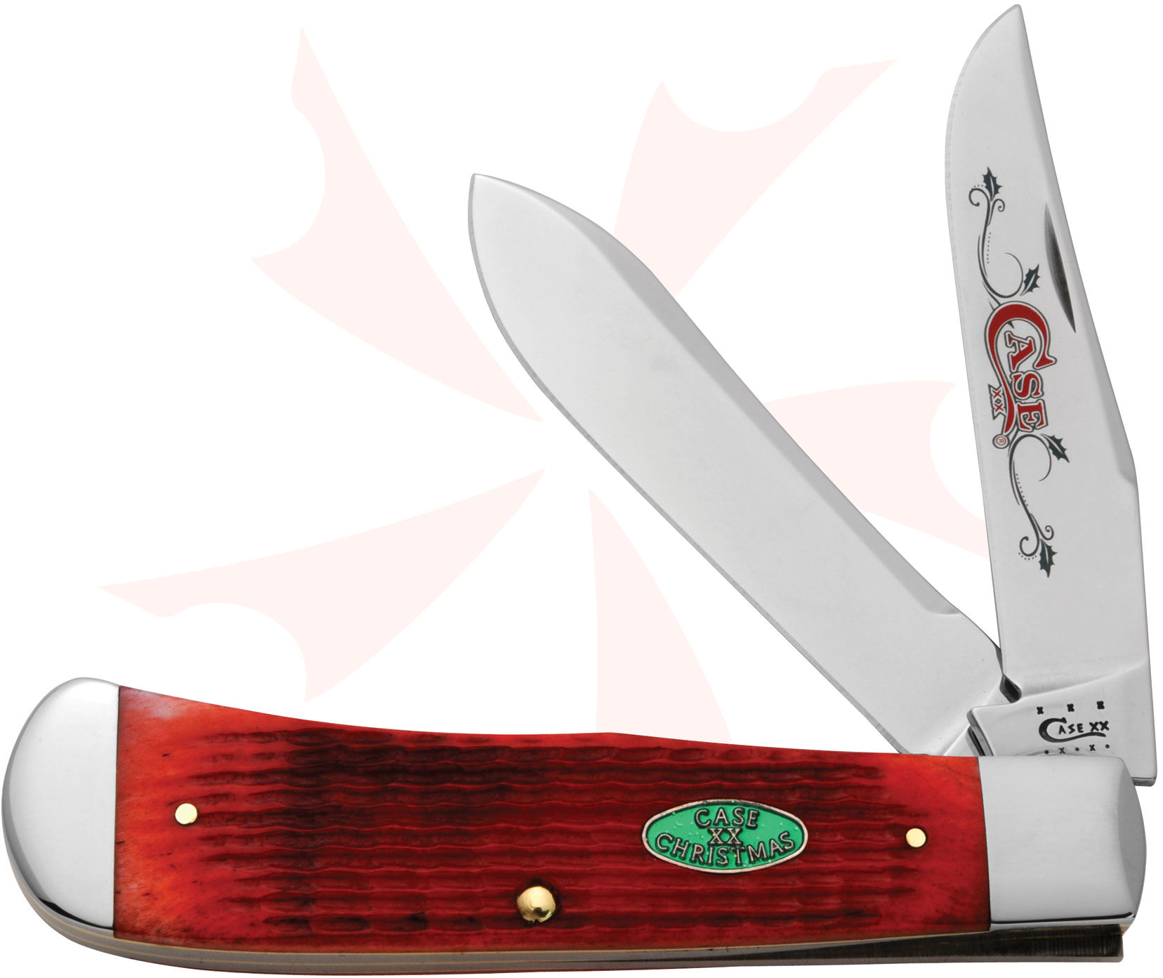 Case XX Christmas Shield Dark Red Jigged Bone Panama Trapper 4-5/8