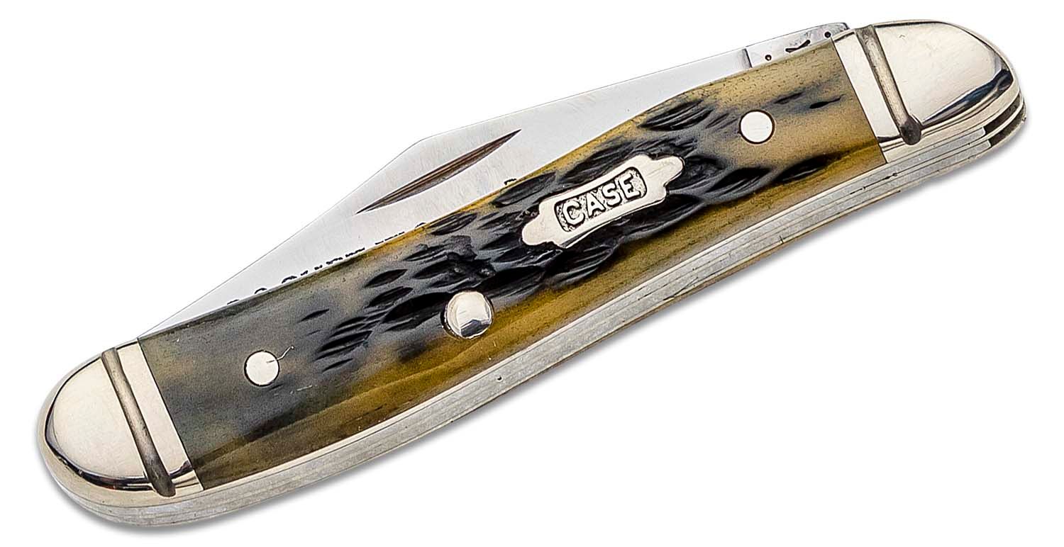 Case 25th Anniversary Mint Set, Pocket Worn Olive Green Bone, Peach Seed  Jig, 38190, SS pocket knife