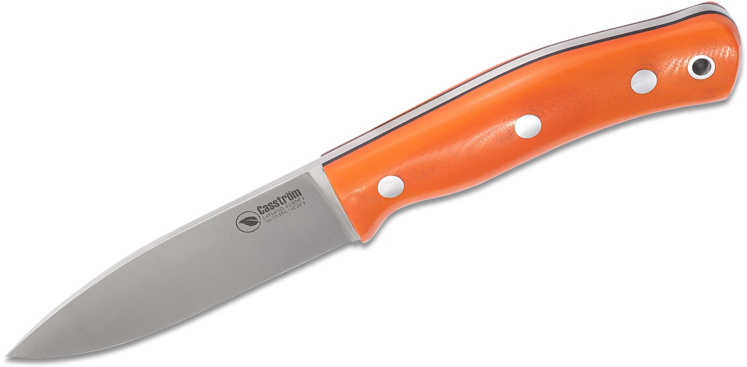 Casstrom Sweden No. 10 SFK Fixed Blade Knife 4 14C28N Full Flat Ground  Drop Point, Orange G10 Handles, Black Leather Sheath - KnifeCenter - KS13130
