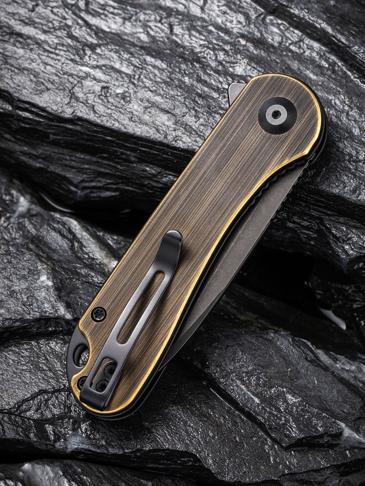 CIVIVI Knives C907T-A Elementum Tanto Flipper Knife 2.96 D2 Black  Stonewashed Blade, Black Hand Rubbed Brass Handles - KnifeCenter