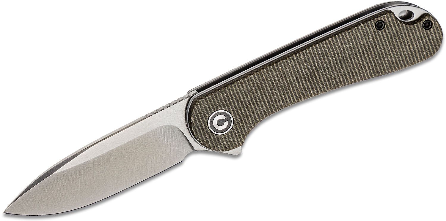 CIVIVI Elementum folding knife, green Micarta handles, open on white background