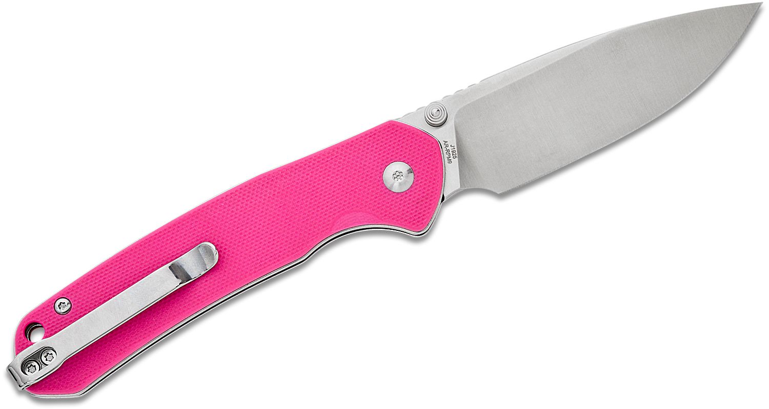 CJRB Pyrite J Folding Knife Pink G10 Handle AR-RPM9 Drop Point