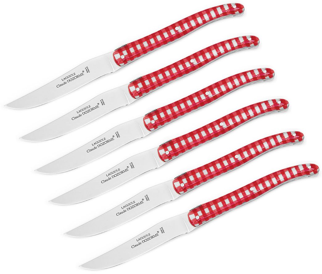 Laguiole steak knives, red acrylic handles, dishwasher safe Length of  handle 12 cm Bee Welded bee Bolsters Full handle Packaging Block of 6  Nature of the handle Acrylic POM, red Steel blade