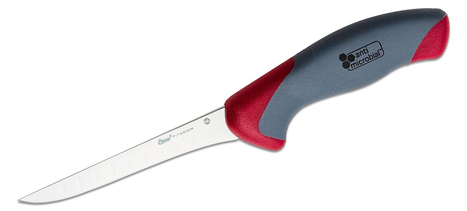 Clauss Titanium Bonded 5 Boning Knife, Gray and Red Rubberized Nylon Handle  - KnifeCenter - 18413