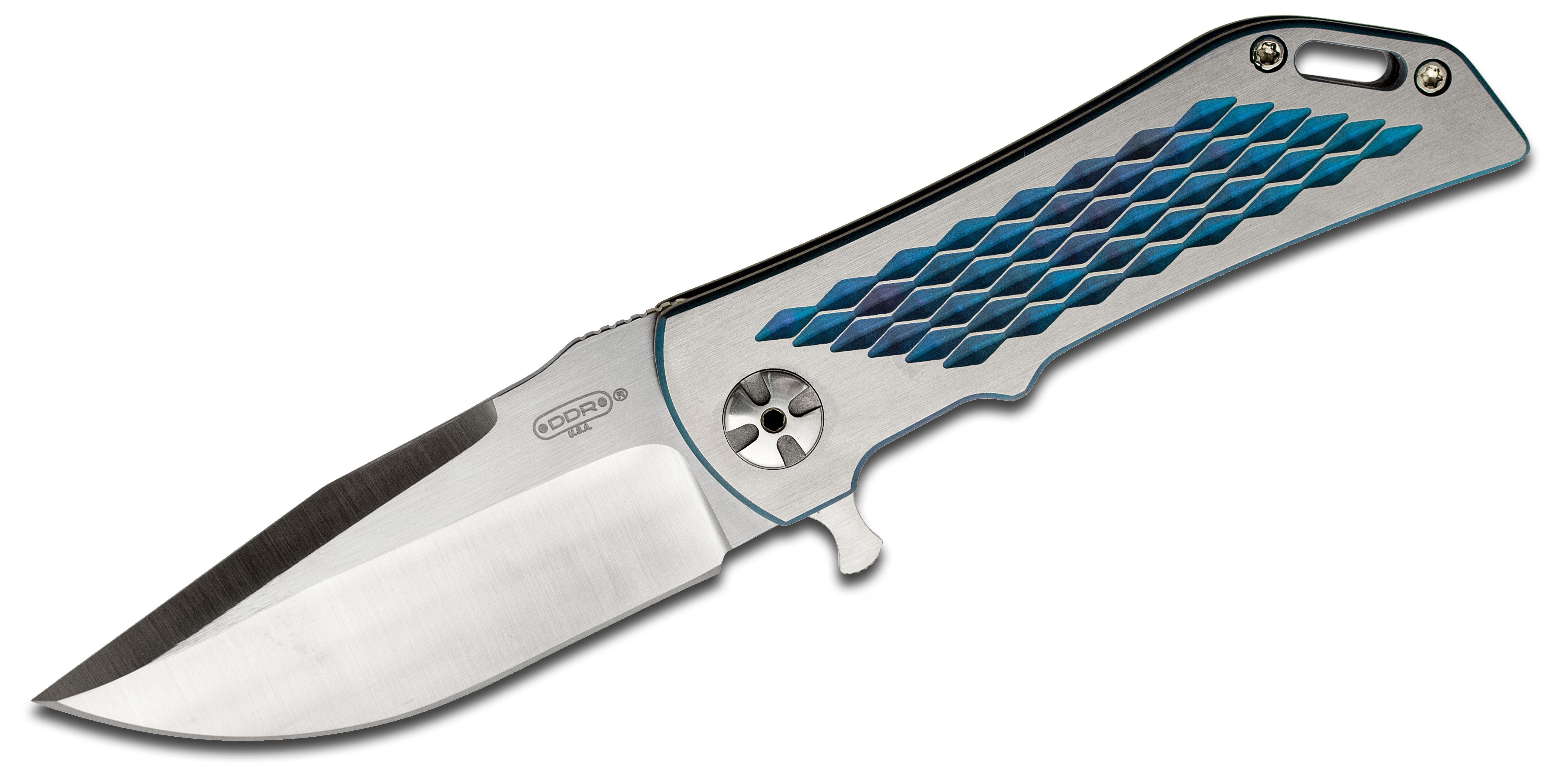 Darrel Ralph Designs Custom V4 #1 Dominator Flipper 3.5 S35VN Satin Bowie  Blade, Blue Diamond Milled Titanium Handles - KnifeCenter - Dominator V4 #1  - Discontinued