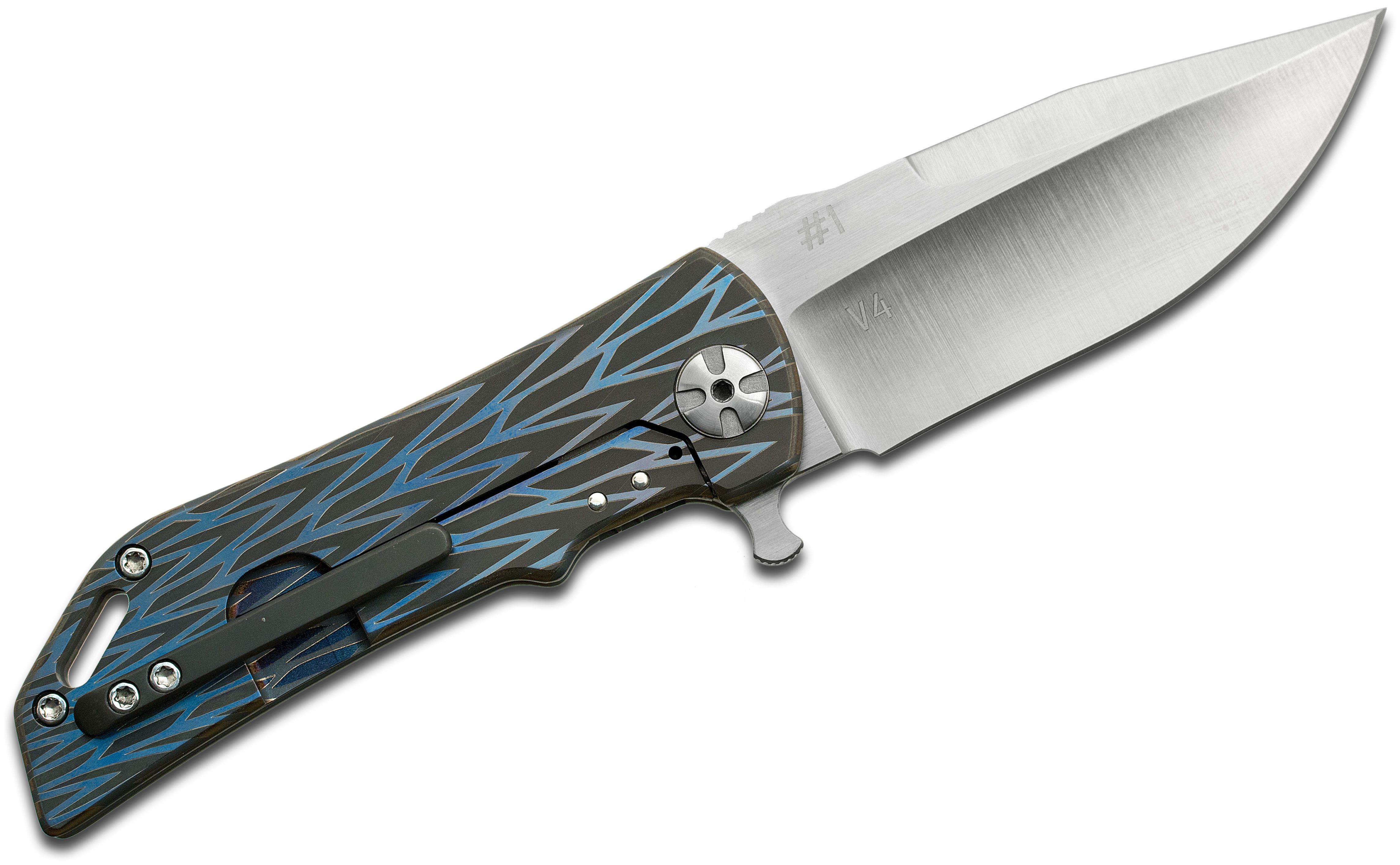 Darrel Ralph Designs Custom V4 #1 Dominator Flipper 3.5 S35VN Satin Bowie  Blade, Blue Diamond Milled Titanium Handles - KnifeCenter - Dominator V4 #1  - Discontinued