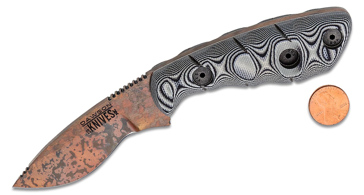 Oversætte Låse Knoglemarv Dawson Knives Custom Pequeno Fixed Blade Knife 3.125" CPM-3V Arizona Copper  Drop Point, White and Black G10 Handles, Leather and Kydex  Inside-the-Pocket Sheath - KnifeCenter - Discontinued
