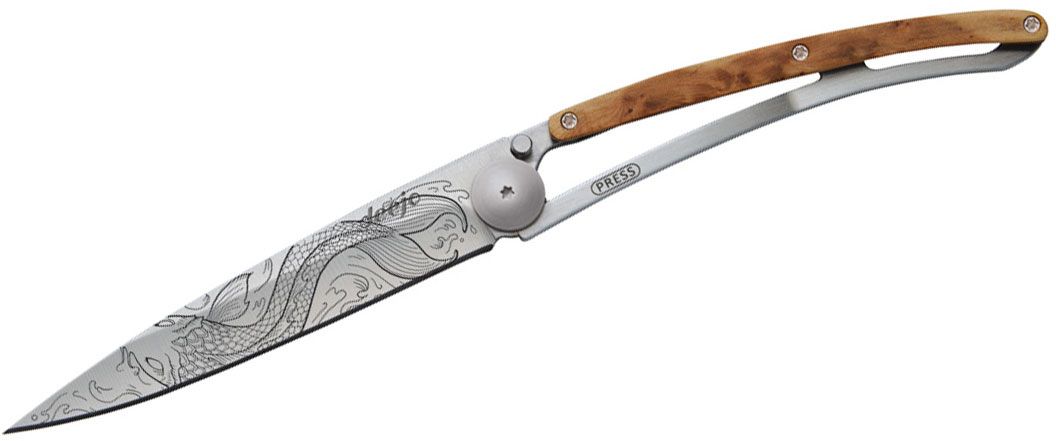 Deejo Knives Tattoo Fish Juniper 37g Folding Knife 3.75 Satin