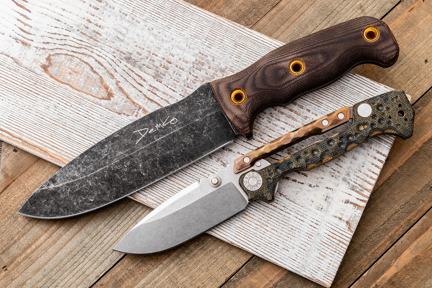 Andrew Demko Custom Ad15 Mg Folding Knife 3 75 Cpm cv Machine Ground Blade Dimpled Camo Micarta And Textured Bronze Titanium Handles Knifecenter Discontinued