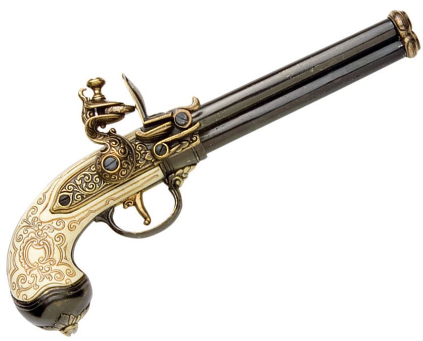 Denix Replica 1680 Italian 3-Barrel Flintlock Pistol, Brass, Non