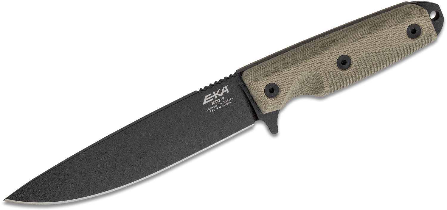 Peck Droop millimeter EKA RTG-1 USA Made Fixed Blade Knife 5.71" Black Powder Coat Blade, Tan  Canvas Micarta Handles, Kydex Sheath - KnifeCenter - 50020
