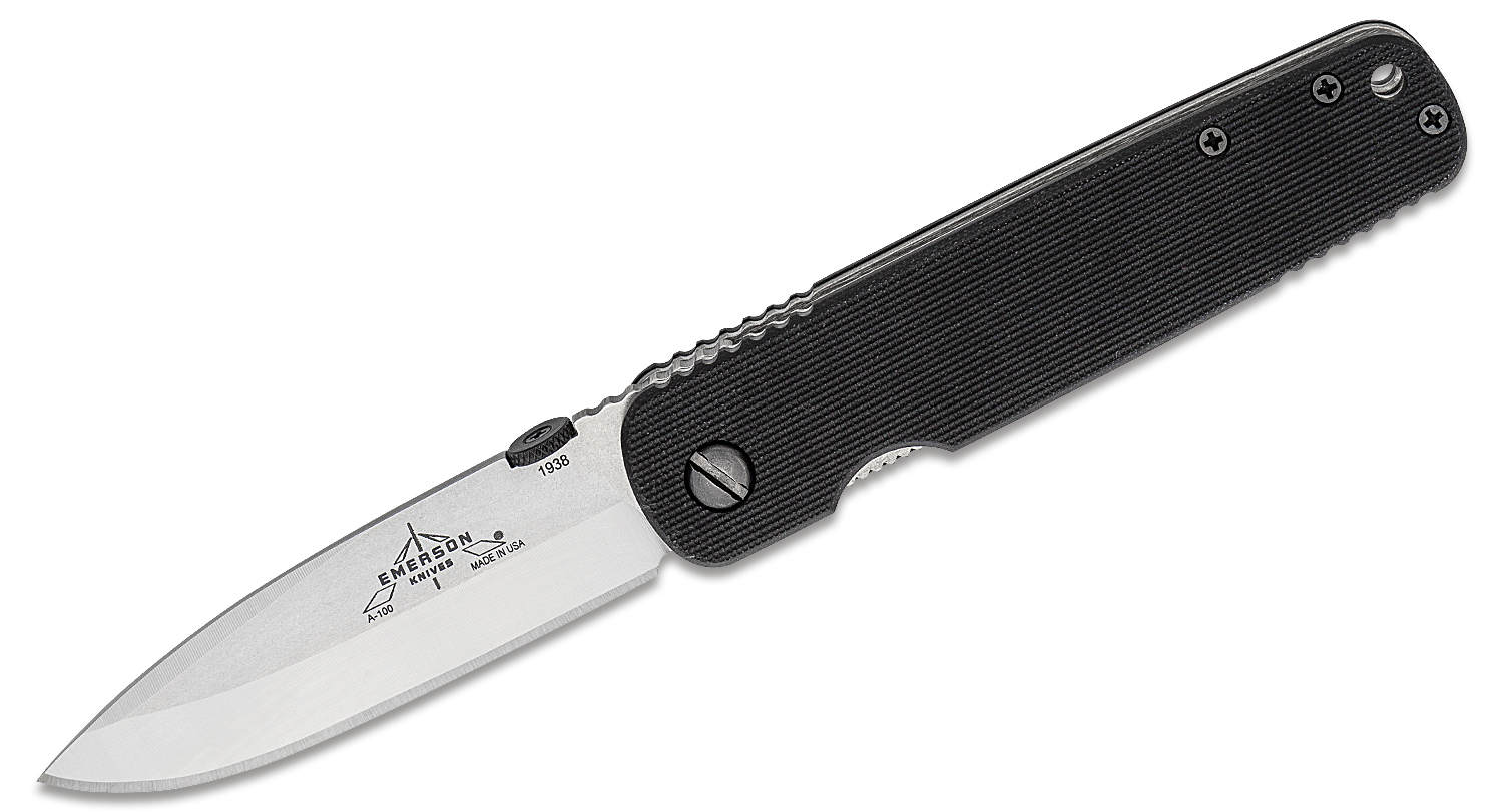 Emerson A-100 Folding Knife 3.6" Stonewashed Plain Blade, Black G10 ...