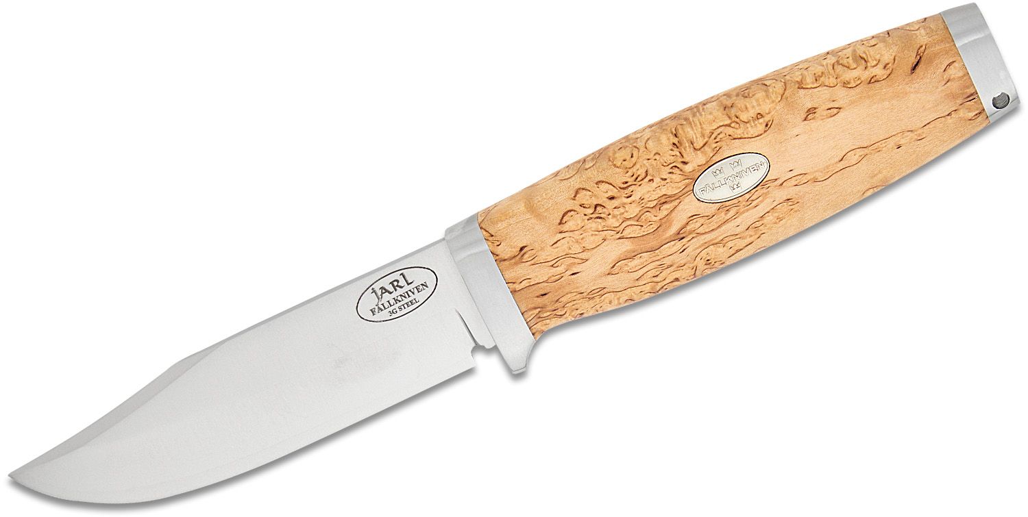 Fallkniven SK1 Jarl Swedish Knife 3.8 3G Blade, Curly Birch Handles,  Leather Sheath - KnifeCenter - SK1L
